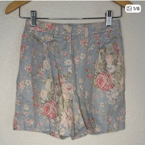 Vintage 90s Ralph Lauren Linen Pleated Shorts Cottage Blue Floral Preppy Size 2P